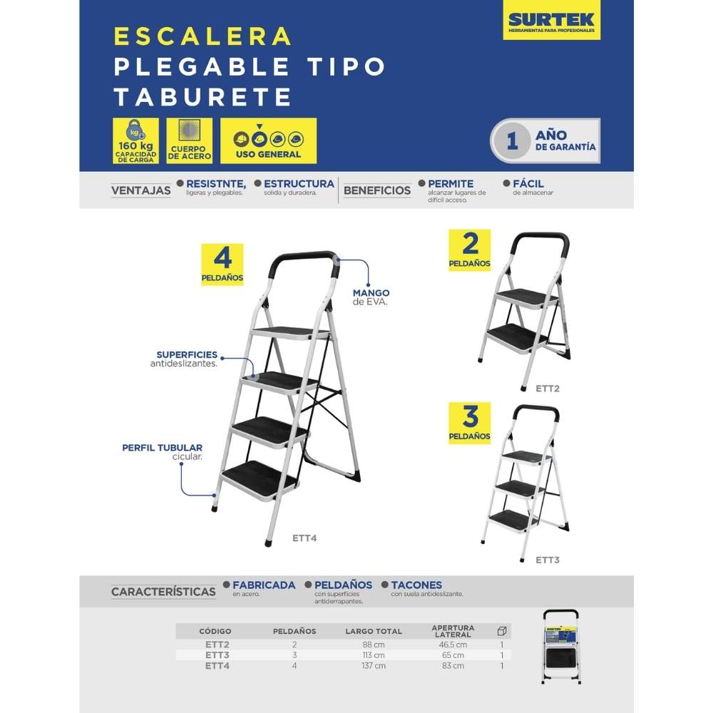 Escalera plegables tipo taburete de acero con 4 peldaños Surtek - Imagen 2