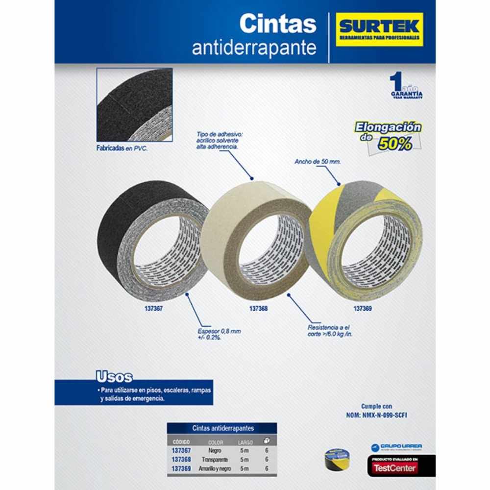 Cinta antiderrapante ancho 48 mm de 5 m, transparente Surtek - Imagen 2