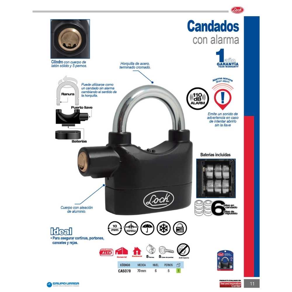 Candado con alarma de doble cerrojo 70 mm, llave de puntos Lock - Imagen 2