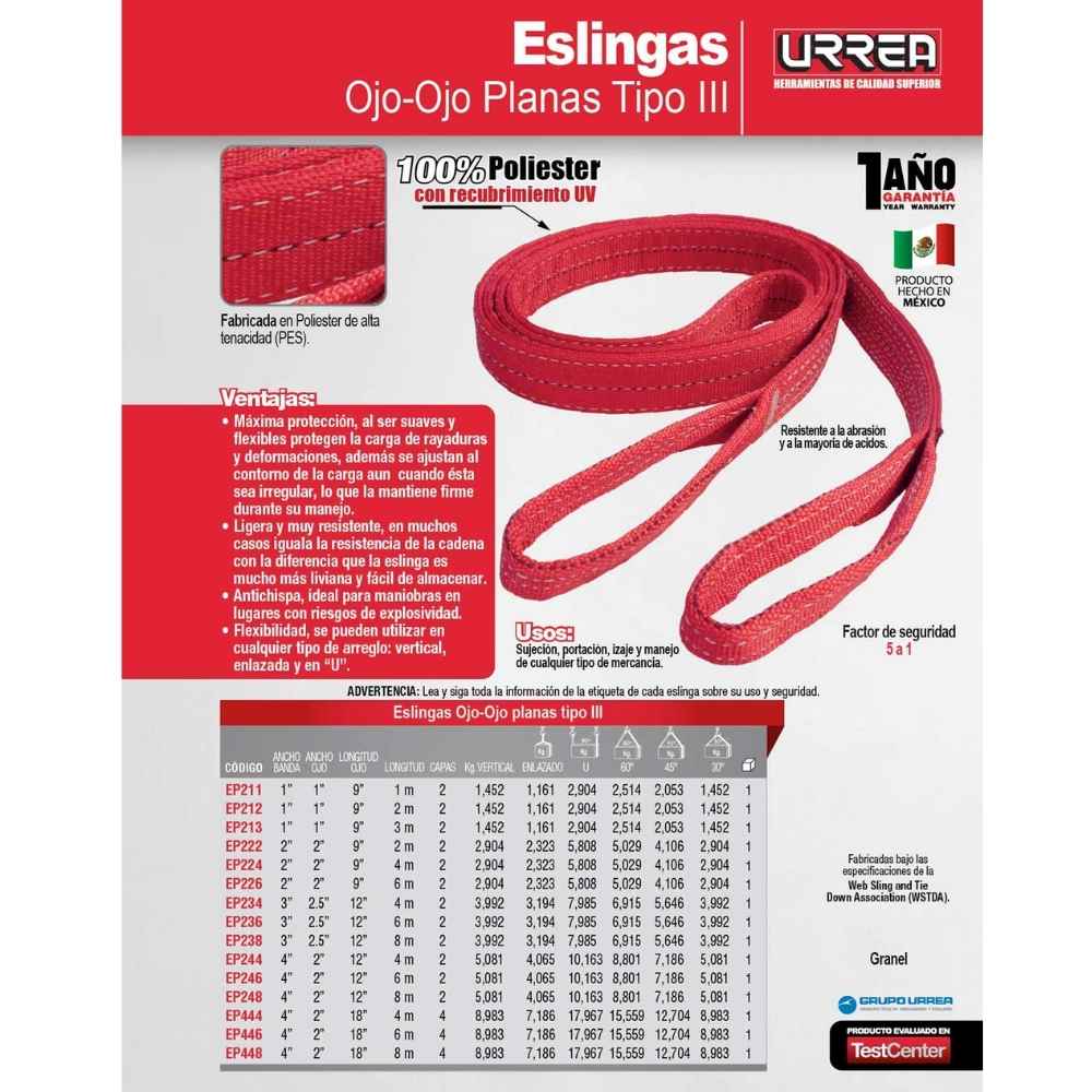Eslinga de poliéster plana tipo ojo-ojo reforzada 2" x 4 m, 2 capas Urrea - Imagen 2