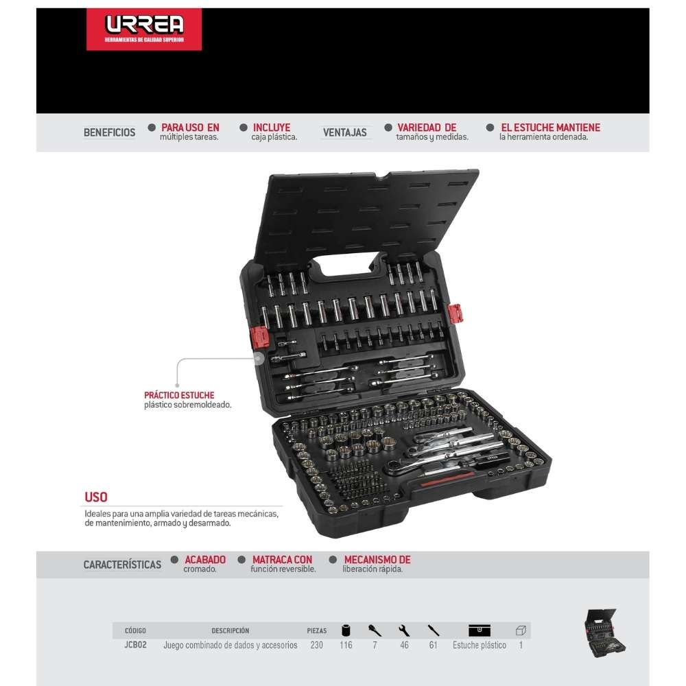 Juego combinado de herramienta para mecánico 230 piezas, con maletín plástico Urrea - Imagen 2