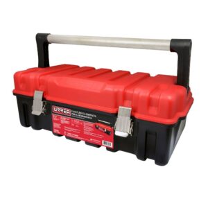Caja portaherramientas plástica con broches metálicos color negro tapa roja 21" x 11" x 7" Urrea