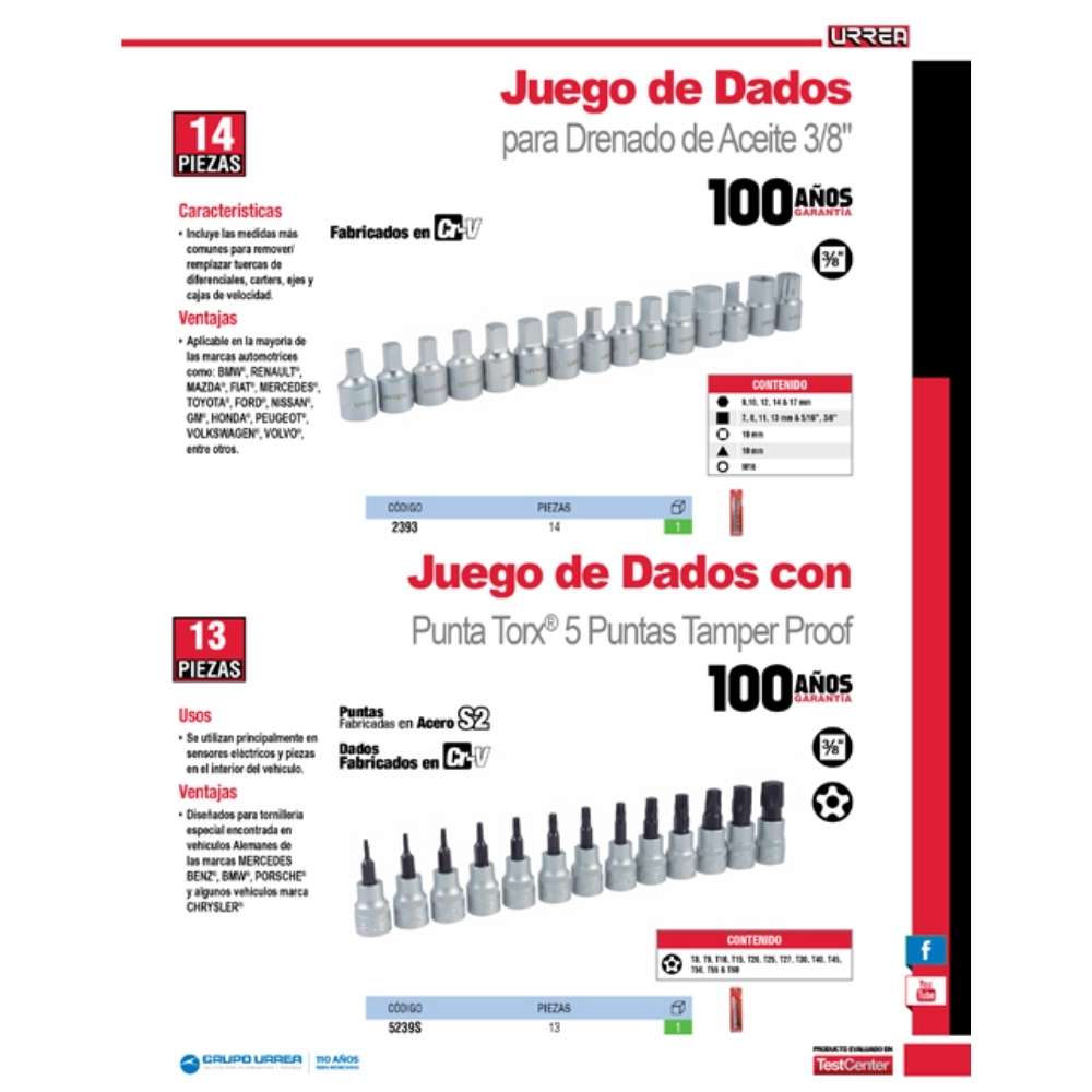 Juego de dados cuadro de 3/8" para drenado de aceite, 14 piezas Urrea - Imagen 2