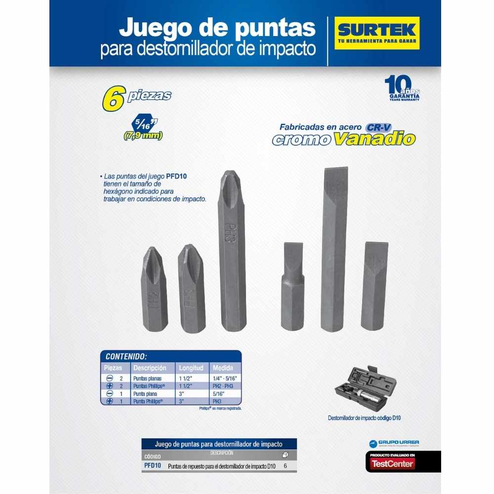 Juego de puntas de impacto combinadas intercambiables para destornillador D10,6 pz en cajP Surtek - Imagen 2