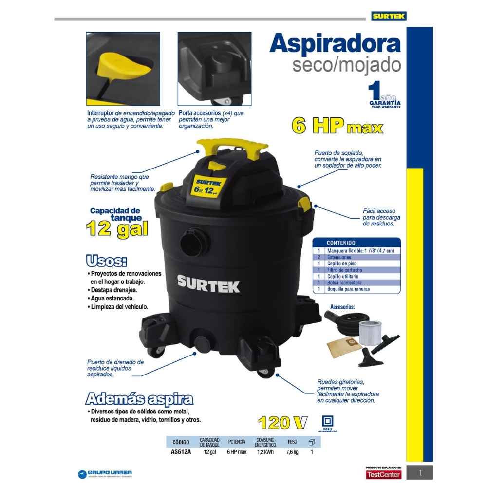 Aspiradora de plástico 12 galones, 6 HP 120 V Surtek - Imagen 2