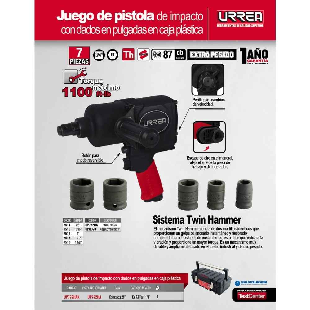Juego de pistola de impacto neumática cuadro de 3/4" y accesorios en pulgadas, 7 piezas Urrea - Imagen 2