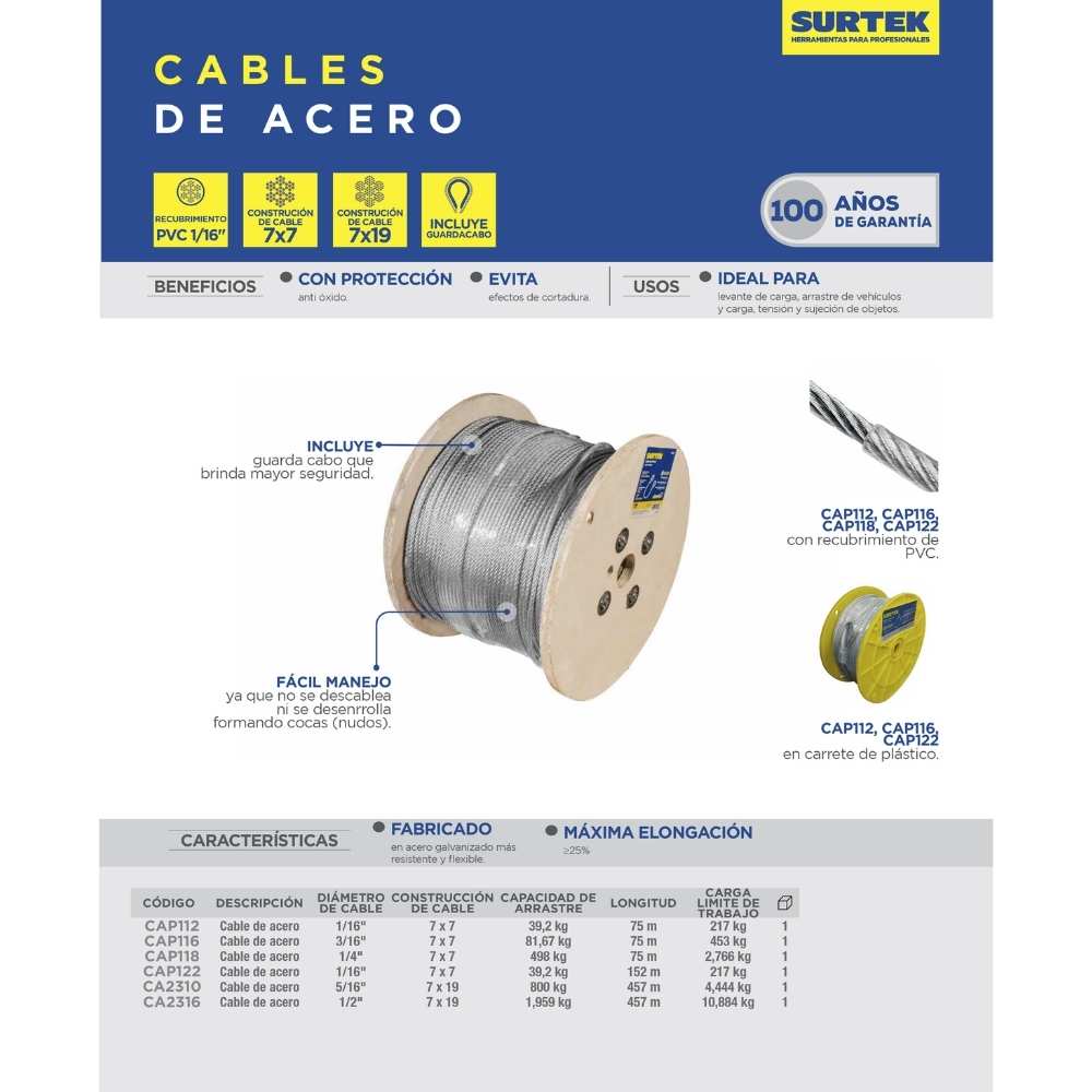 Cable de acero con guardacabo 1/2" x 457 m construcción de 7 x 19 Surtek - Imagen 2
