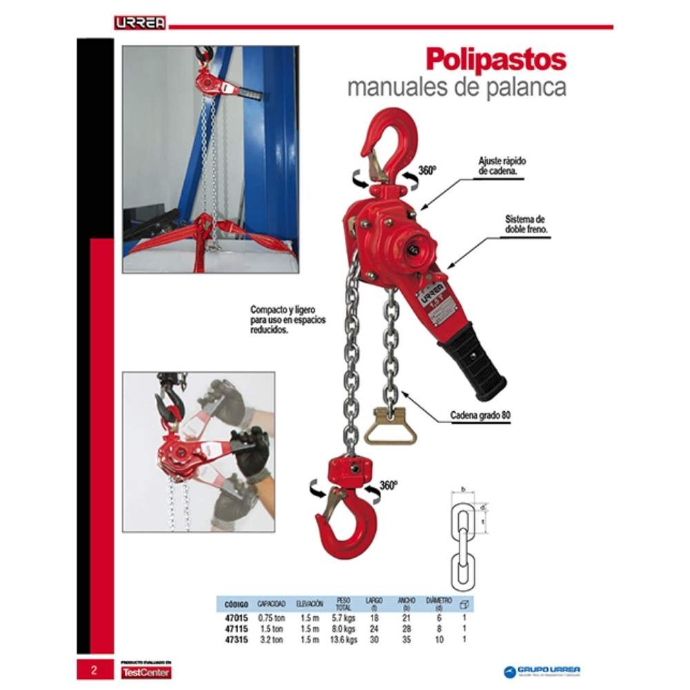 Polipasto manual de palanca de doble freno 3.2 ton, 1.8 m Urrea - Imagen 2