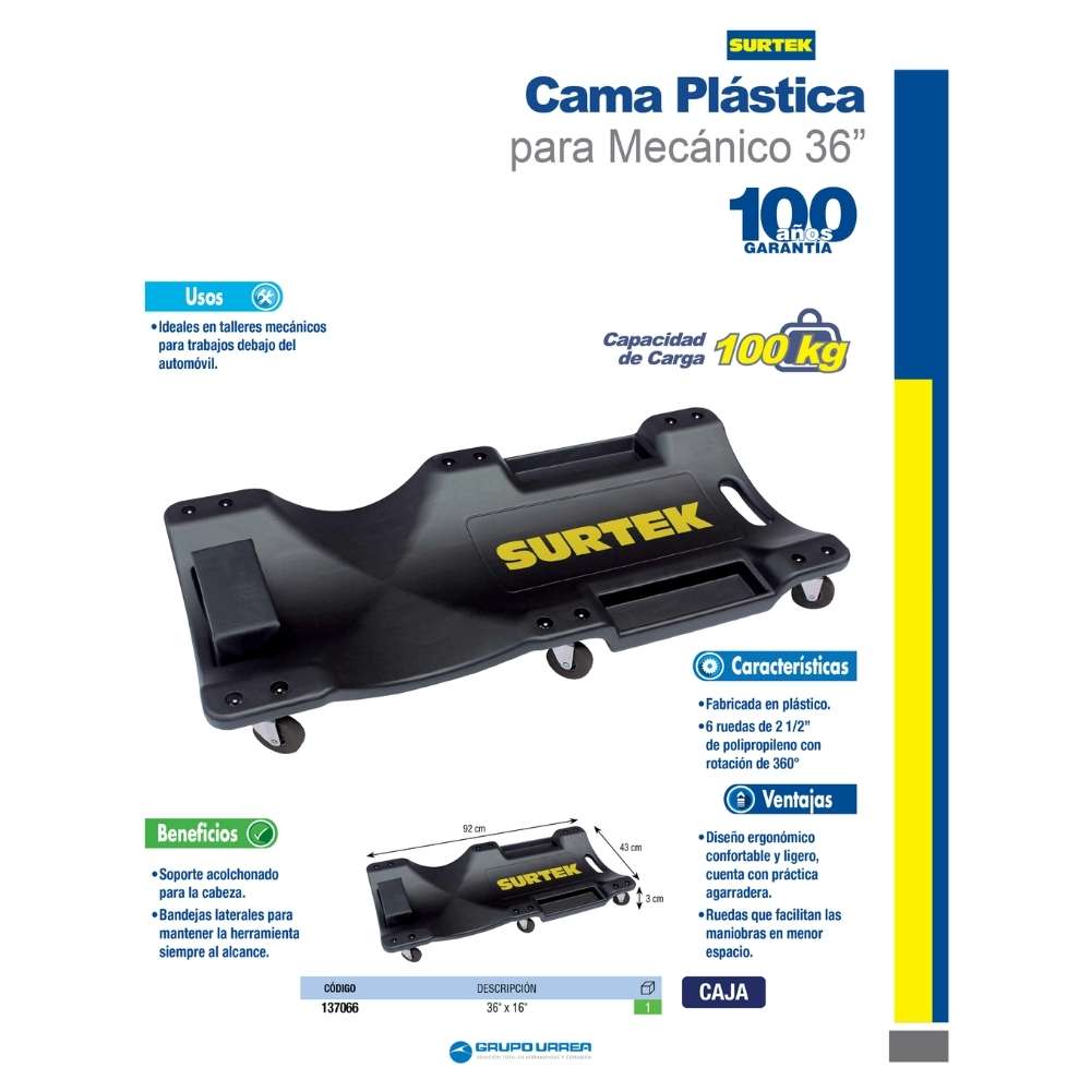 Cama para mecánico plástica, 36" Surtek - Imagen 2