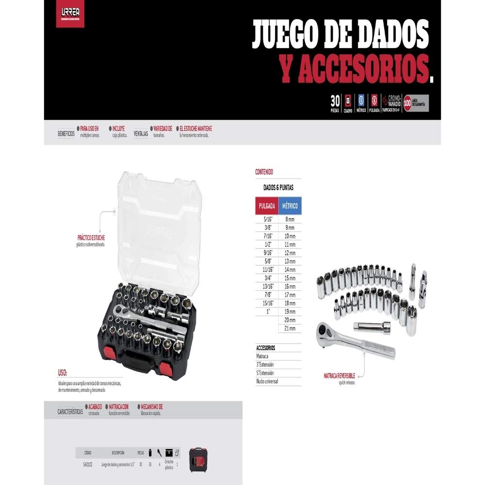 Juego de dados y accesorios cuadro de 1/2" combinado, 30 piezas Urrea - Imagen 3