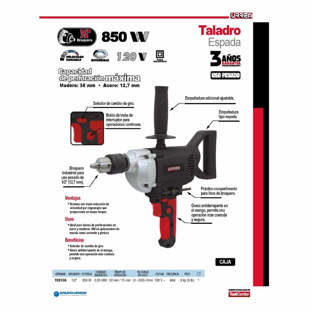 Taladro espada 1/2" 850 W 120 V, 50 Nm Urrea - Imagen 2