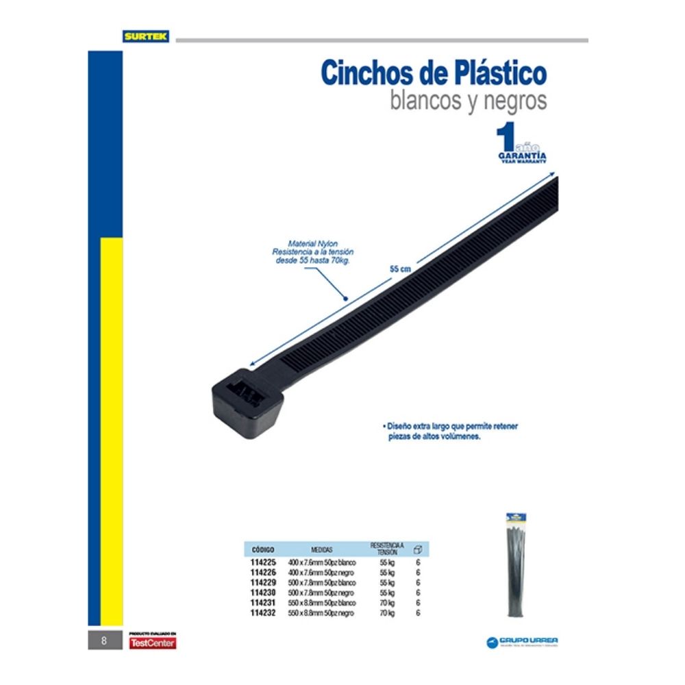 Cinchos plásticos 550 x 8.8 mm, tensión 70 kg de 50 piezas, color negro Surtek - Imagen 2