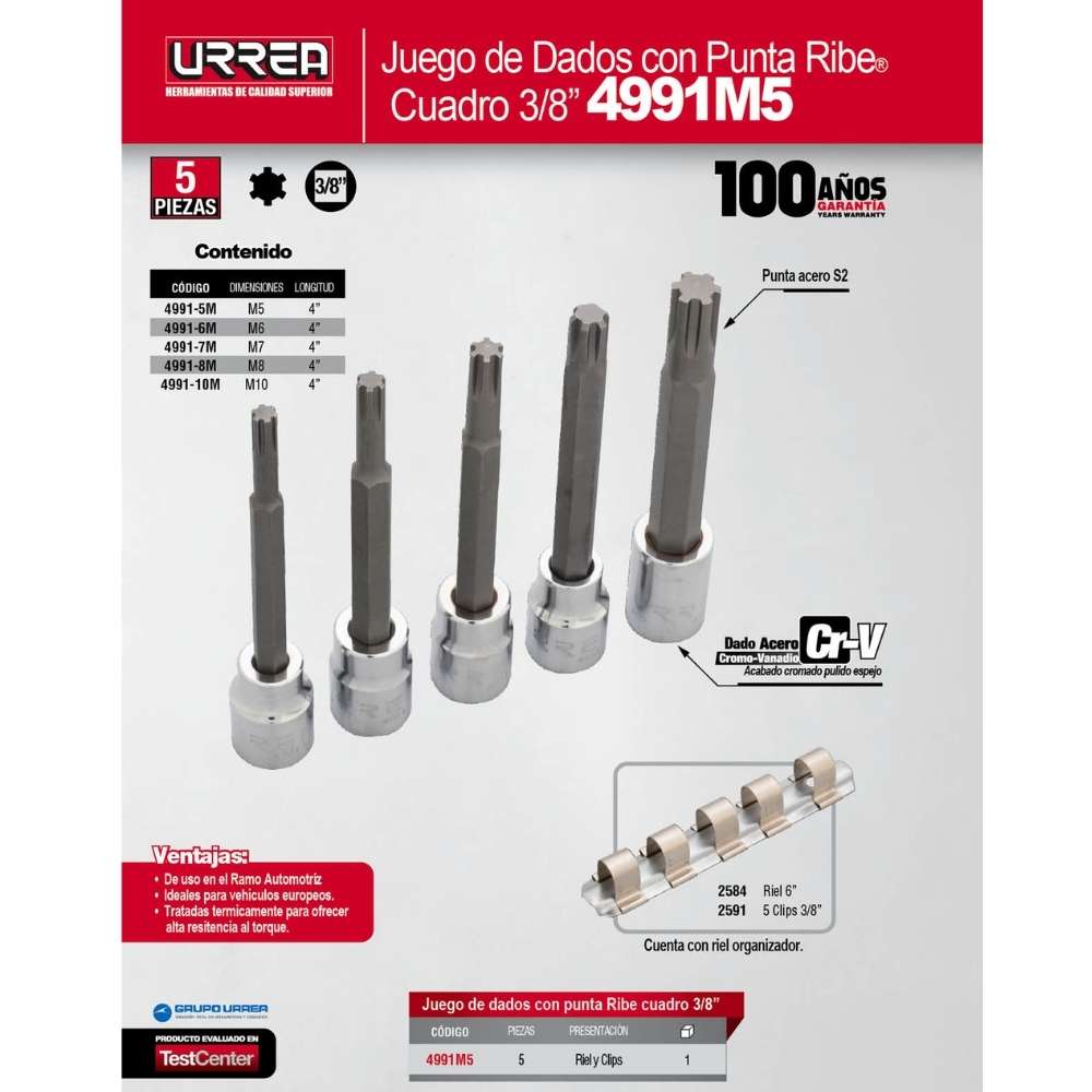 Juego de dados con punta ribe cuadro de 3/8", 5 piezas Urrea - Imagen 2