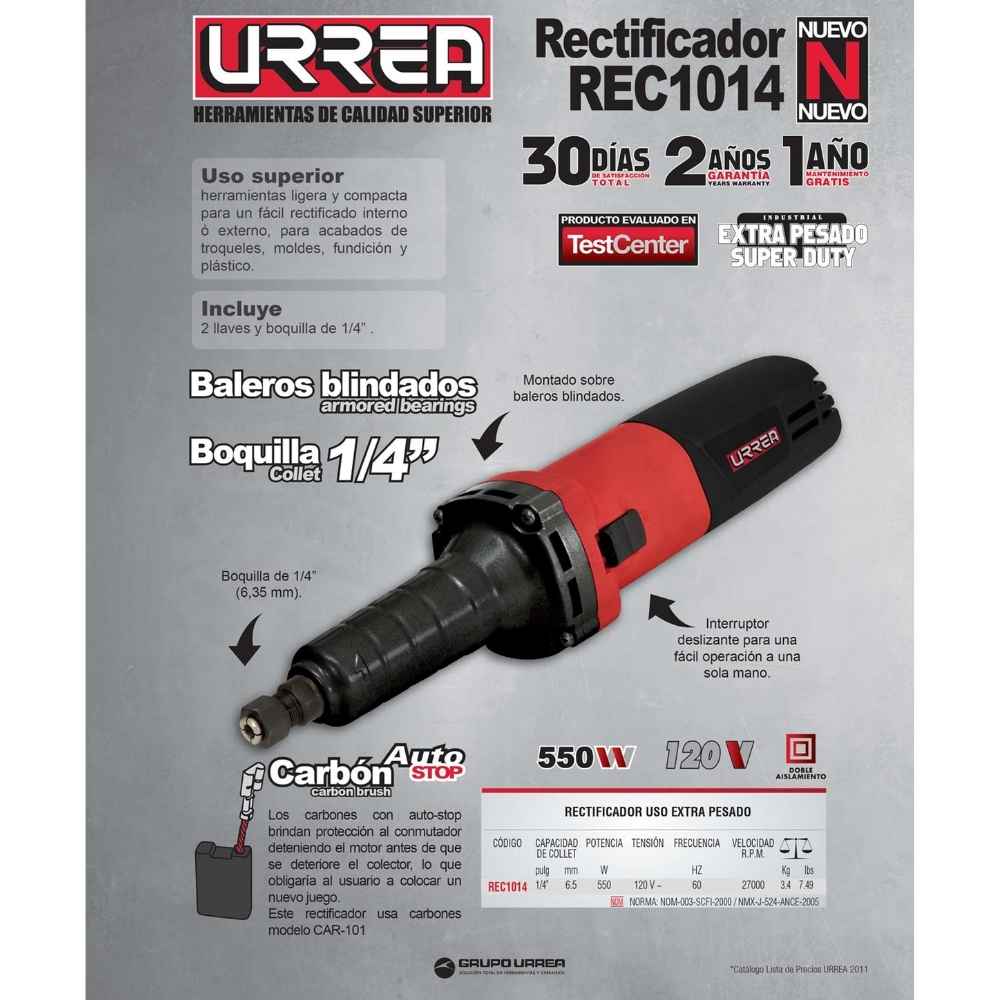 Rectificador recto 1/4" 550 W 120 V, 2,700 RPM Urrea - Imagen 2