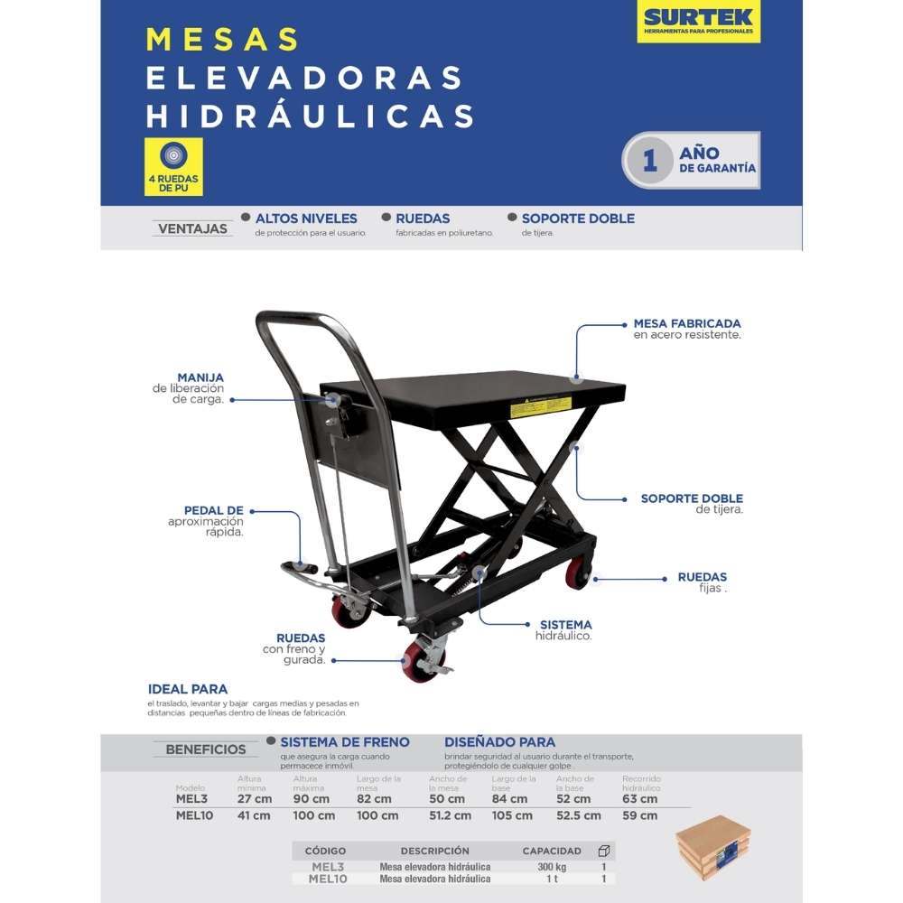 Mesa hidráulica elevadora 1 ton Surtek - Imagen 2