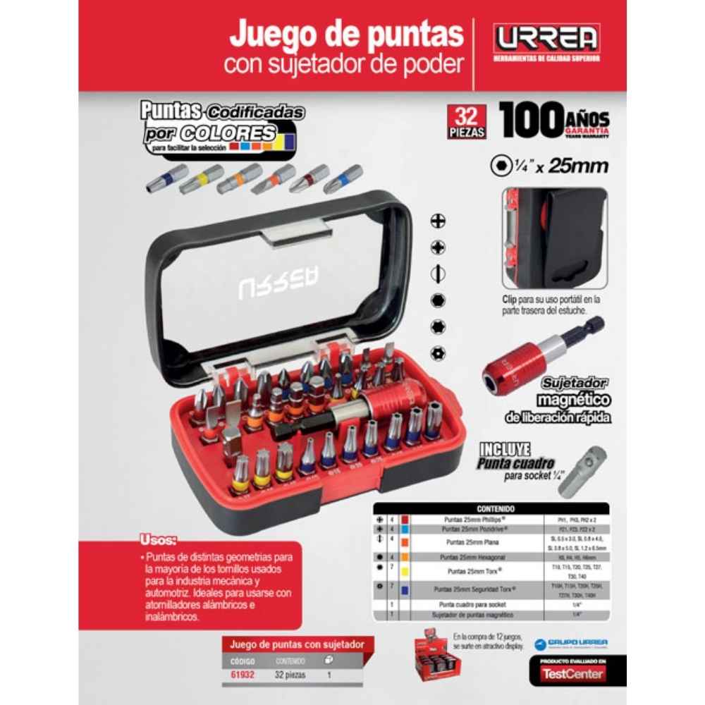 Juego combinado de puntas hexágono de 1/4" con accesorios de poder, 32 pz en caja plástica Urrea - Imagen 2