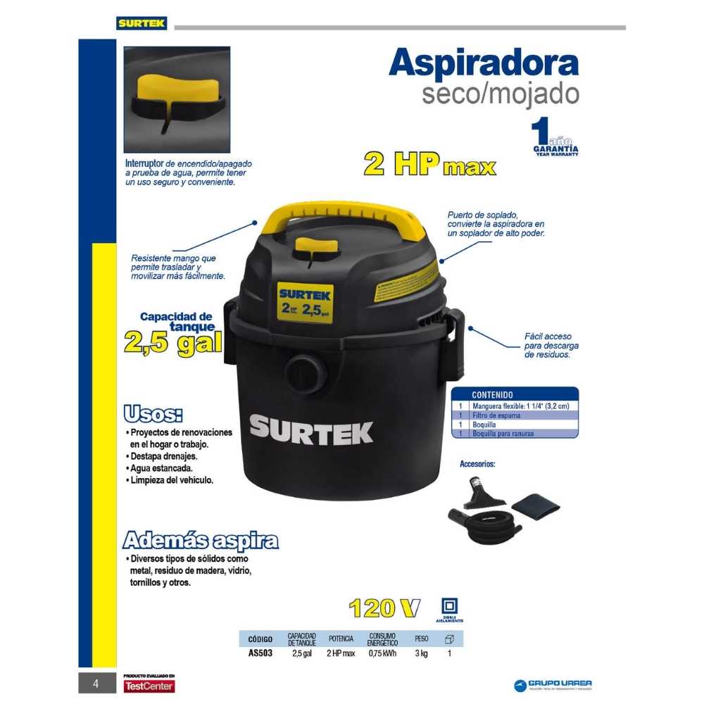 Aspiradora de plástico 2.5 galones, 2 HP 120 V Surtek - Imagen 2