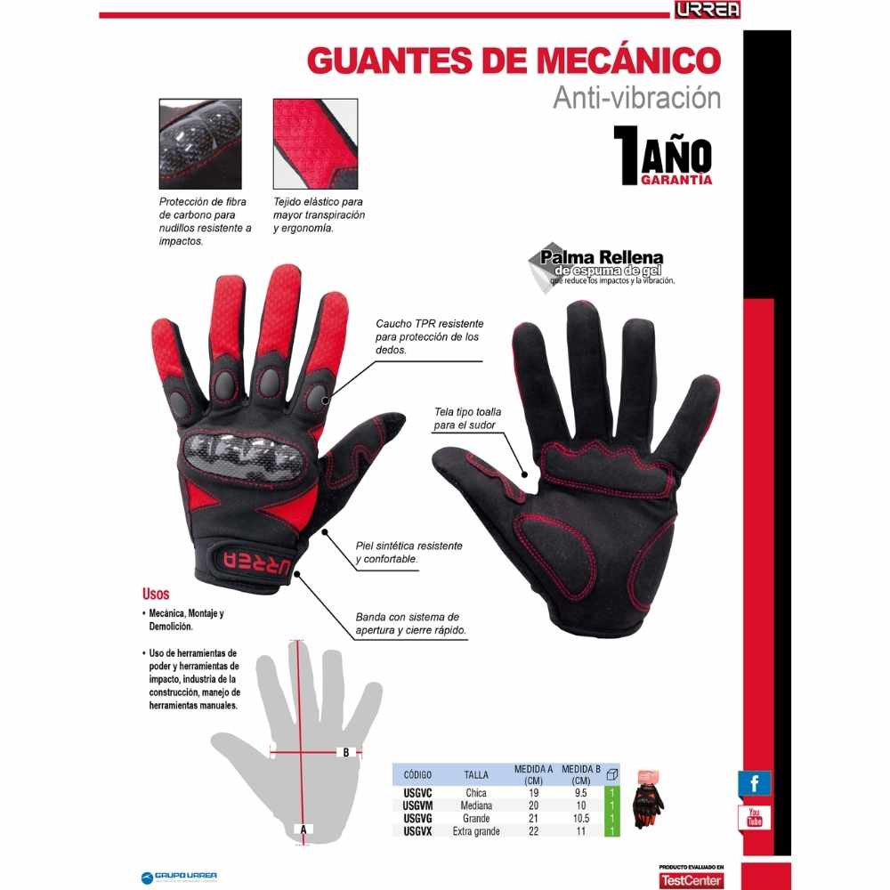 Guantes de mecánico anti-vibración con protección para nudillos M Urrea - Imagen 2