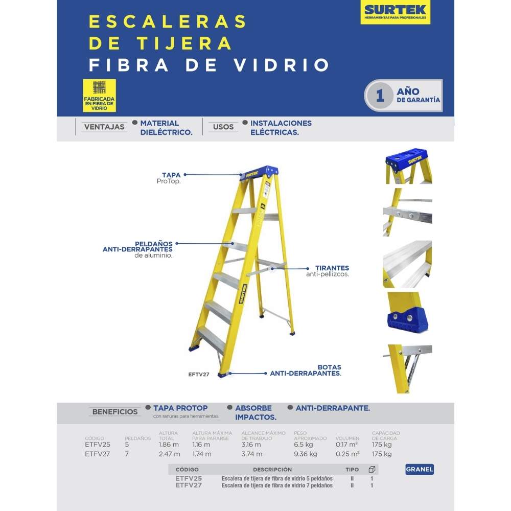 Escalera de tijera tipo II de fibra de vidrio con 5 peldaños Surtek - Imagen 2