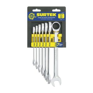 Juego de llaves combinadas pulido espejo de matraca mét, 12 puntas, 7 piezas en rack Surtek