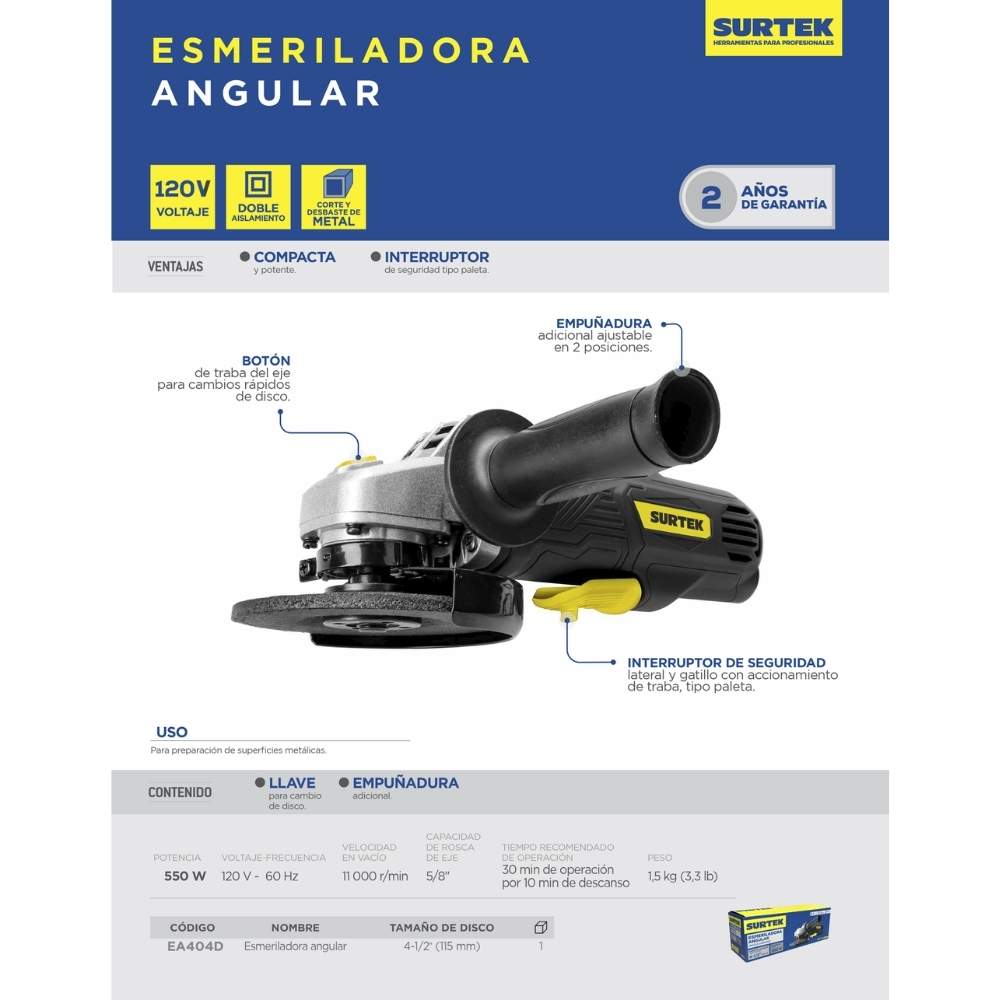 Mini esmeriladora angular 4-1/2" 550 W 120 V, 11000 RPM Surtek - Imagen 2