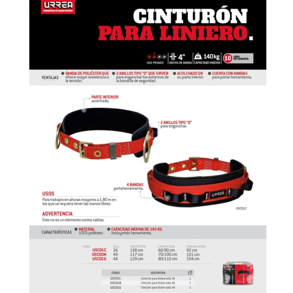 Cinturón para liniero con bandas para portar herramientas, talla 44 Urrea - Imagen 2