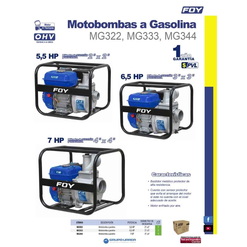 Motobomba a gasolina con diámetro de succión y descarga de 2 x 2", 5.5 HP Foy - Imagen 2