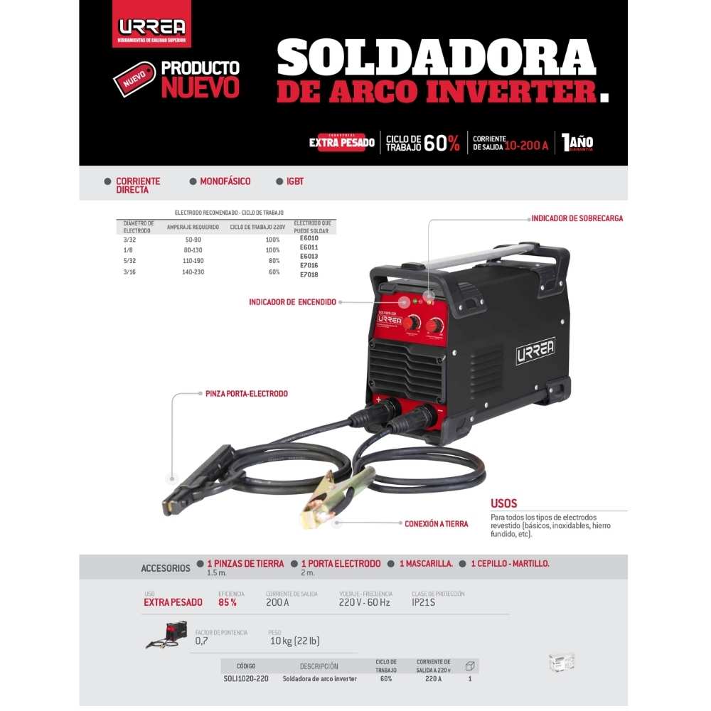 Soldadora inverter para electrodos de 1 fase 220 V, 200 A Urrea - Imagen 2
