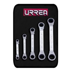 Juego de llaves de estrías pulido espejo planas de matraca mét, 6 y 12 pts,5 pz en estuche Urrea