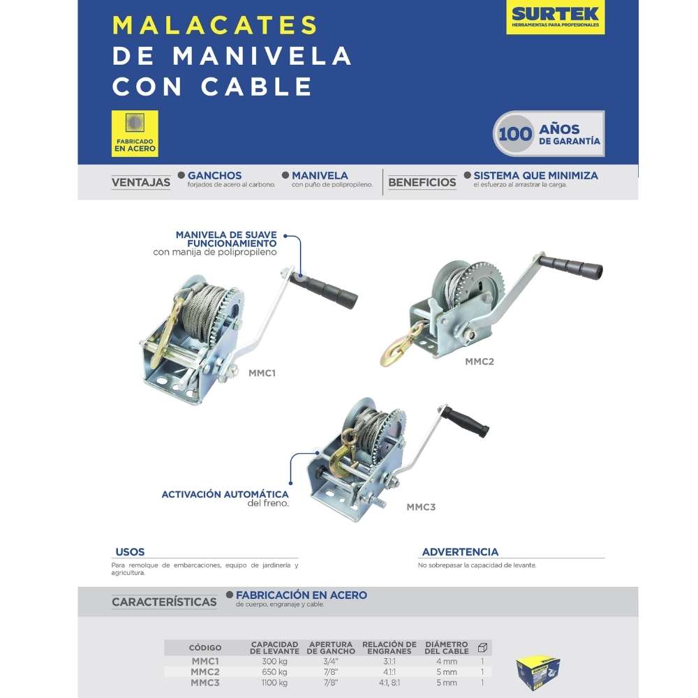 Malacate con manivela con cable 300 kg Surtek - Imagen 2