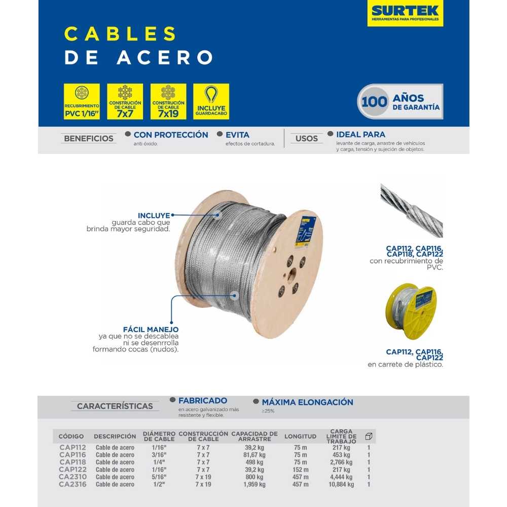 Cable de acero con guardacabo recubrimiento PVC 1/4" x 76 m construcción de 7 x 7 Surtek - Imagen 2