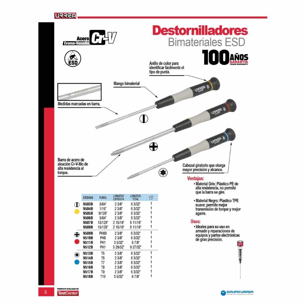 Destornillador de precisión ESD anti-estáticos, punta plana 15/128" x 2-15/16" Urrea - Imagen 2