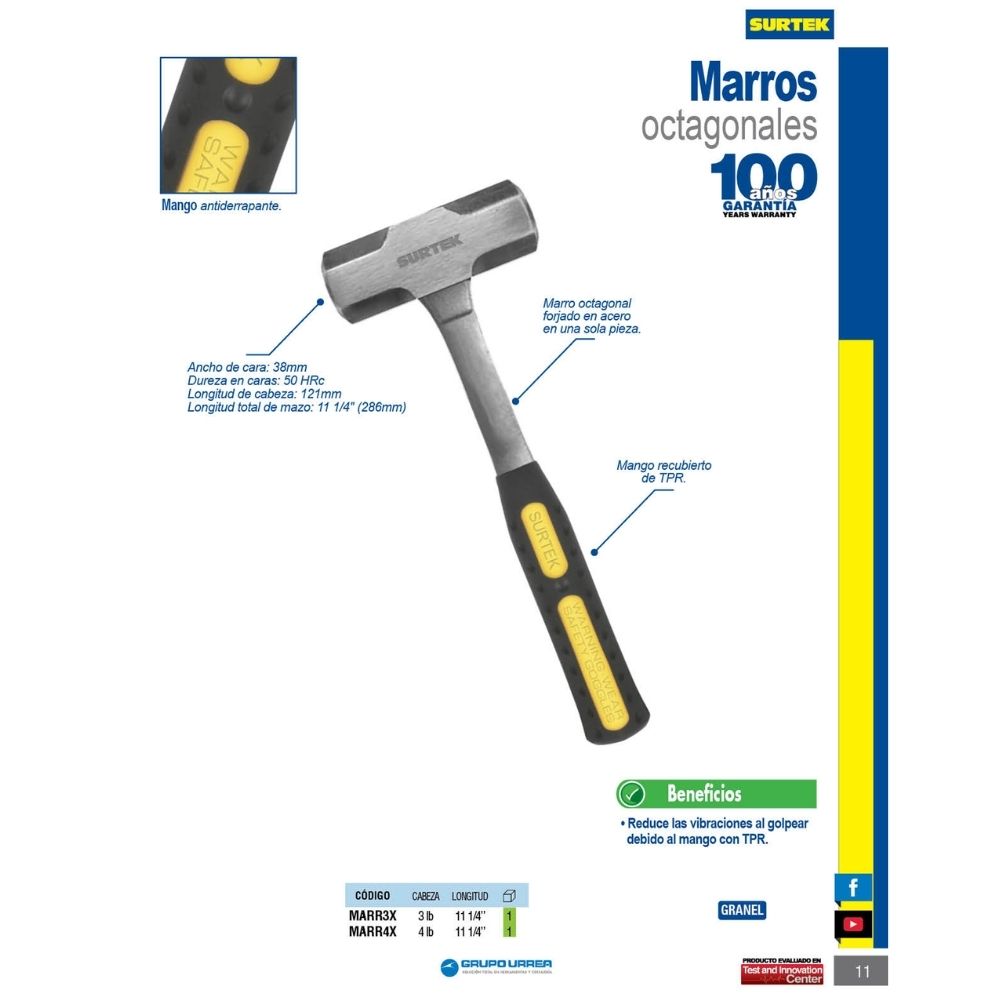 Marro octagonal forjado en una pieza con mango Rubber grip de 9", 4 lb Surtek - Imagen 2