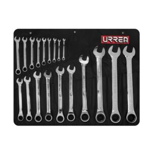 Juego de llaves combinadas pulido espejo de matraca en pulgadas,12 puntas,19 pz en estuche Urrea