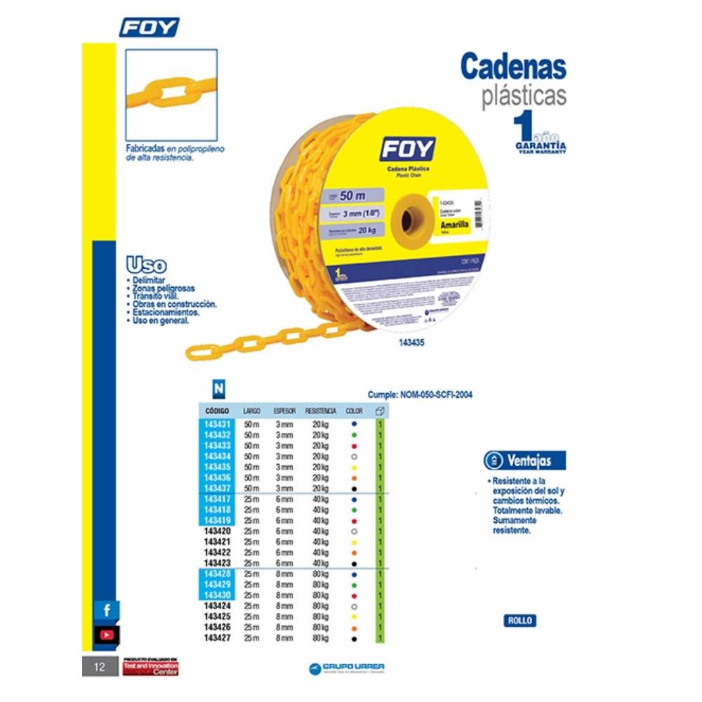 Cadena plástica calibre 3 mm de 50 m, color naranja Foy - Imagen 2