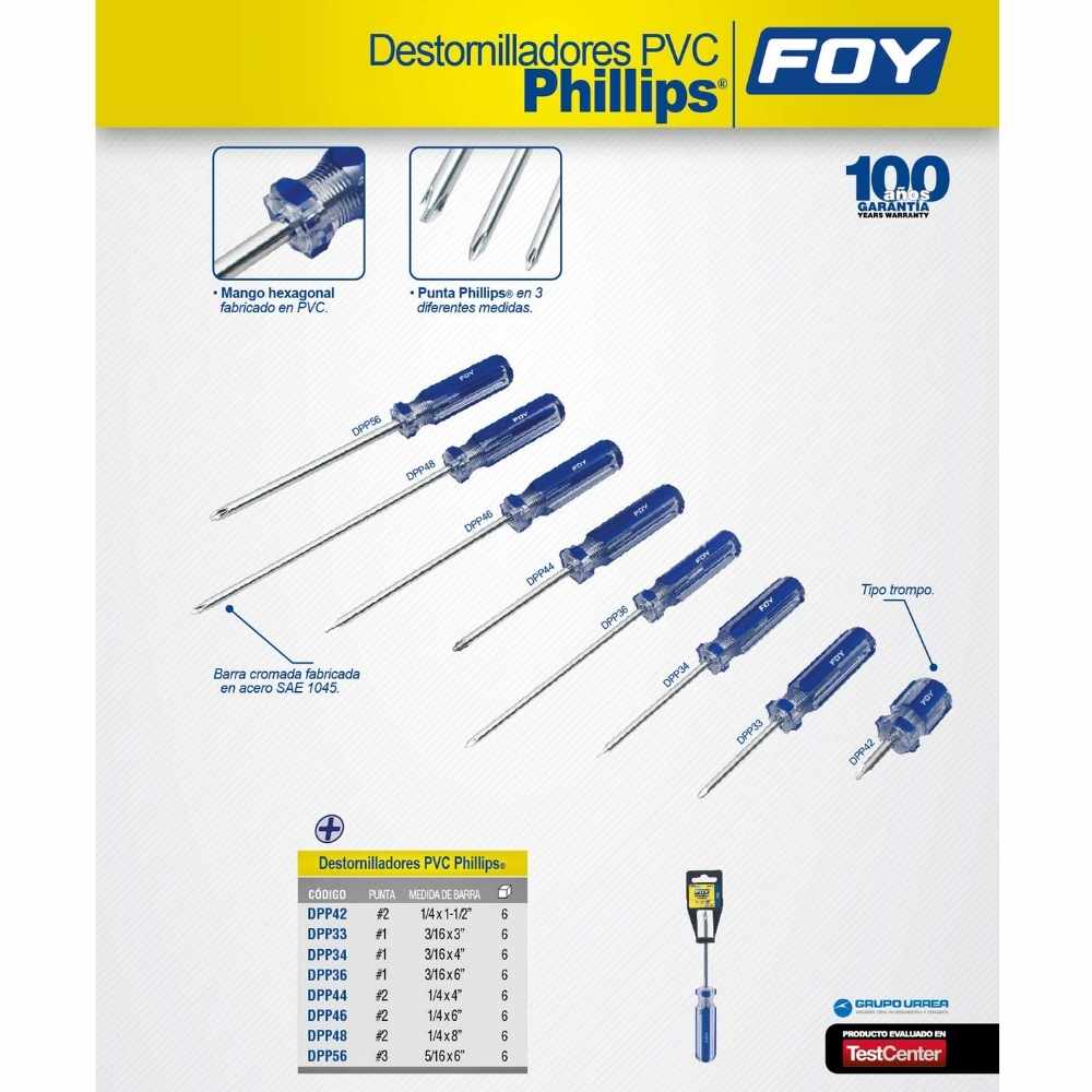 Destornillador con mango de PVC, punta Phillips barra redonda #2 x 6" Foy - Imagen 2