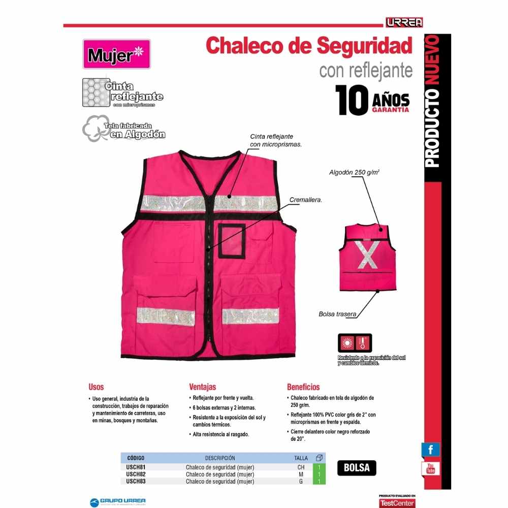 Chaleco de seguridad tipo supervisor cerrado con reflejante rosa CH Urrea - Imagen 2