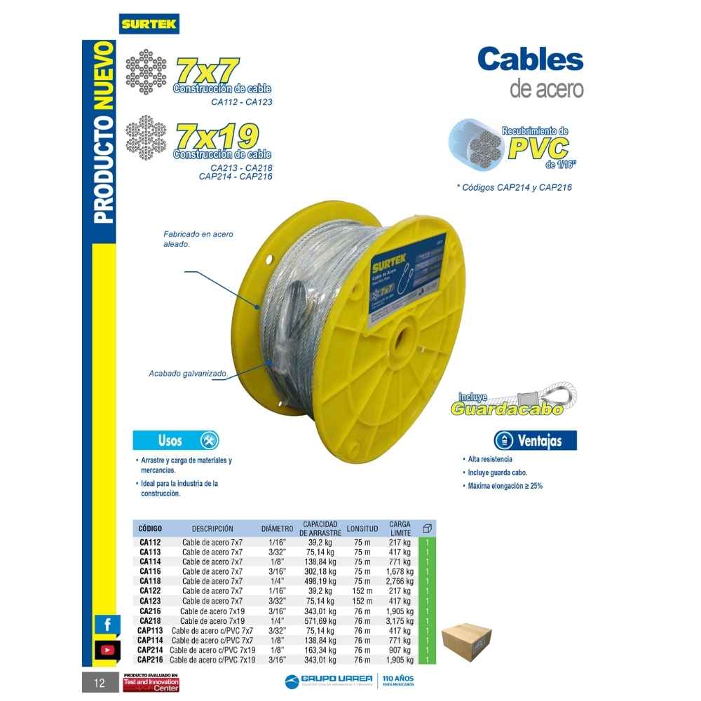 Cable de acero con guardacabo 1/4" x 76 m construcción de 7 x 19 Surtek - Imagen 2