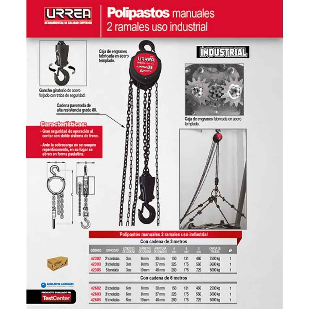 Polipasto manual 2 ramales, 5 ton, cadena 3 m Urrea - Imagen 2