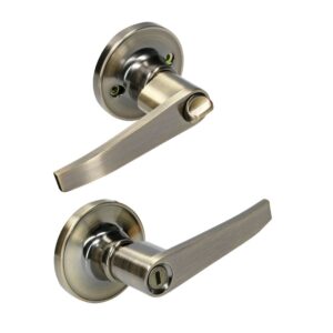Manija tubular recta función baño, latón antiguo, llave estándar, blíster Lock