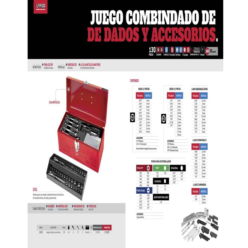Juego combinado de herramienta 130 piezas, con caja metálica Urrea - Imagen 2