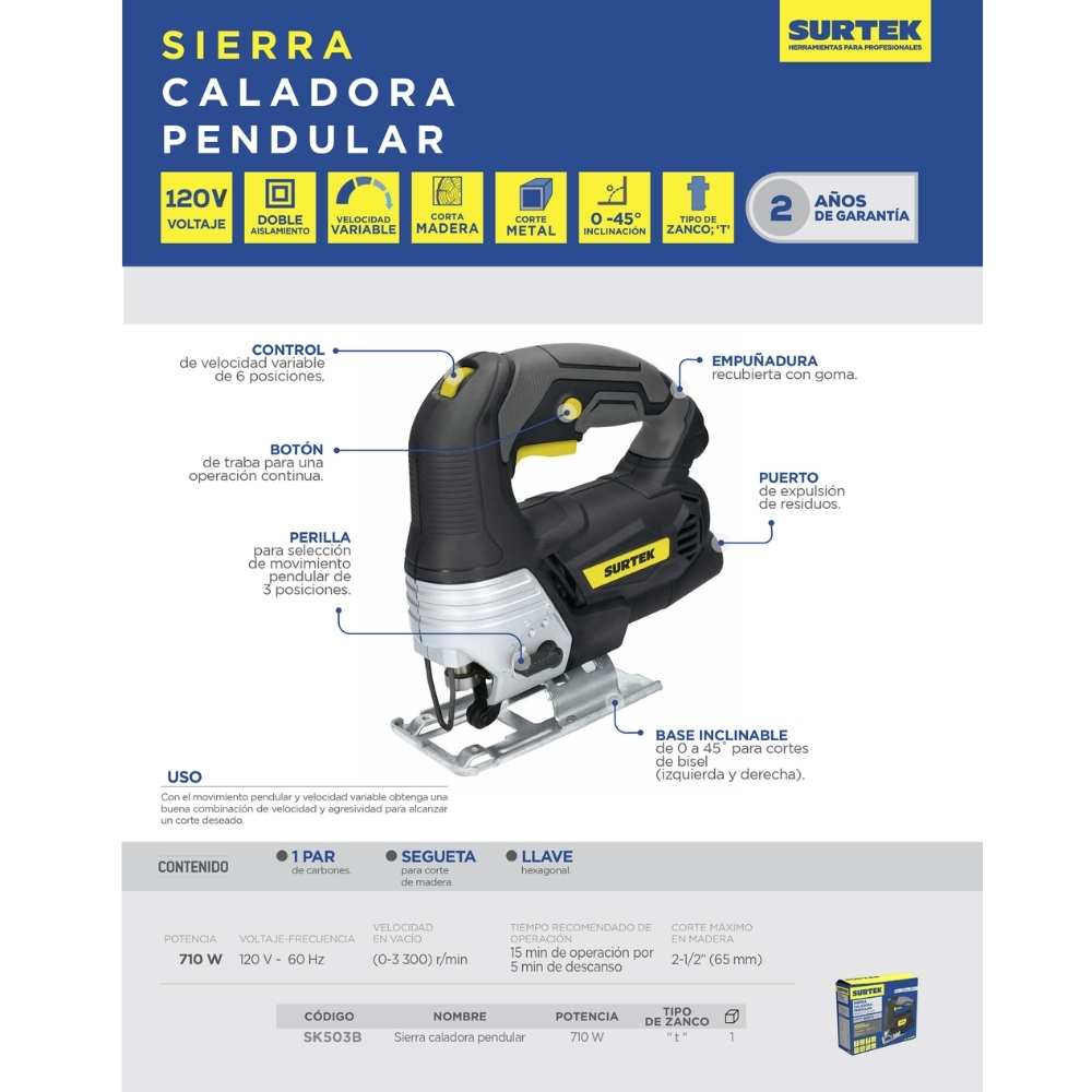 Sierra caladora 40 mm 710 W 120 V, 0 - 3,300 RPM Surtek - Imagen 2