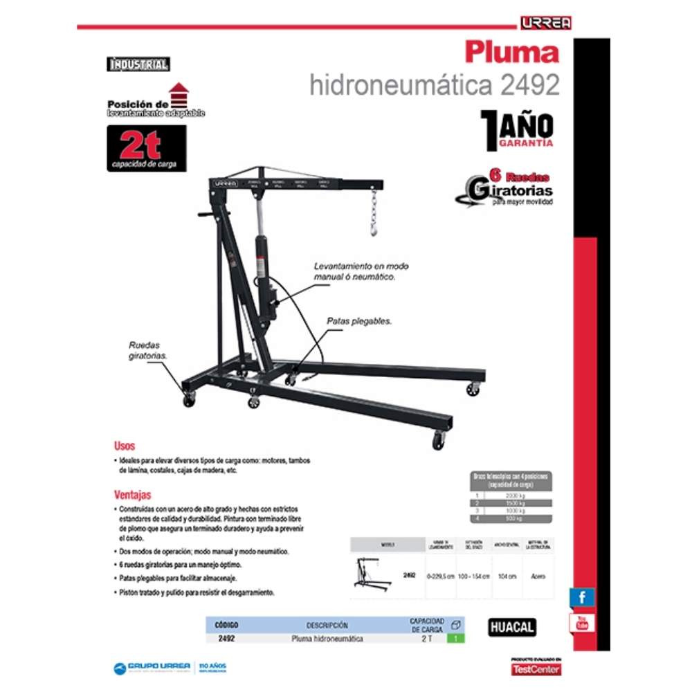 Pluma hidroneumática plegable, 2 ton Urrea - Imagen 2