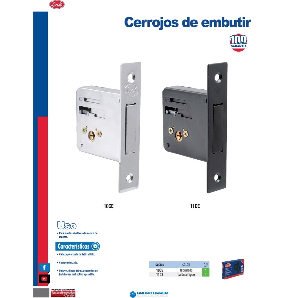 Cerrojo para embutir auxiliar, función doble, latón antiguo, llave tetra, en caja Lock - Imagen 2