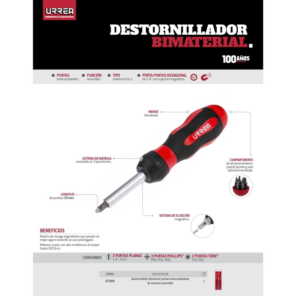 Destornillador con mango bimaterial de matraca con puntas intercambiables 8 en 1 Urrea - Imagen 2