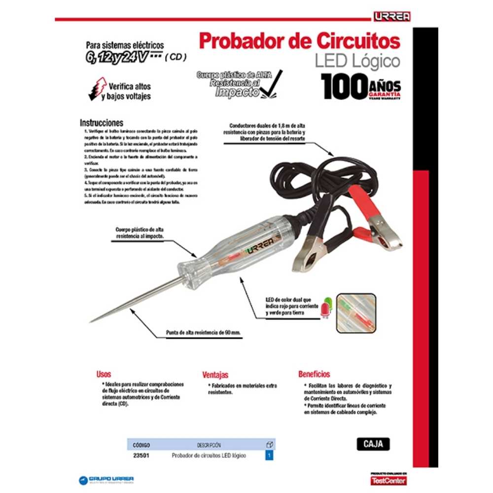 Probador circuitos lógicos con LED, 6, 12 y 24V Urrea - Imagen 2
