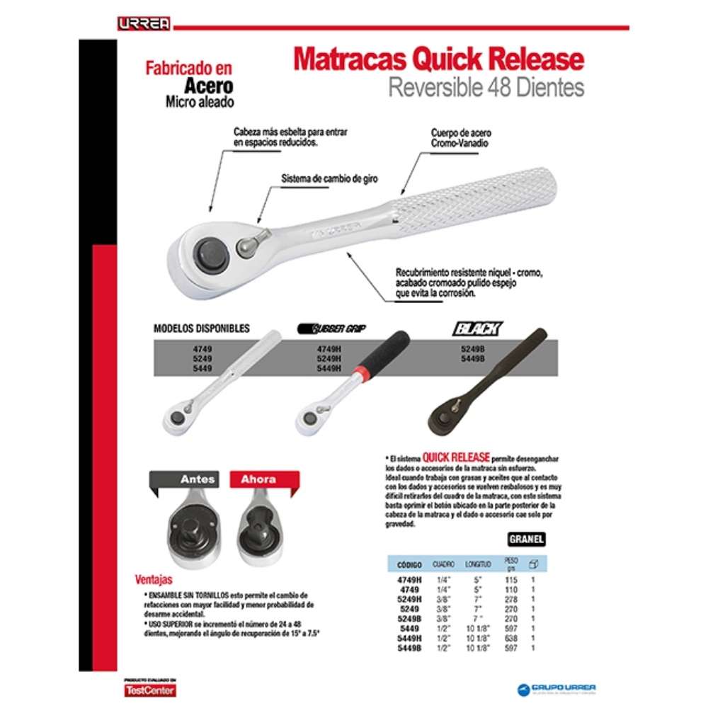 Matraca reversible cromada, quick release, para dado cuadro de 3/8" Urrea - Imagen 2