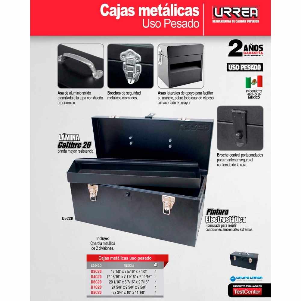 Caja portaherramientas metálica con asa metálica color negro 17" x 7" x 7" Urrea - Imagen 2