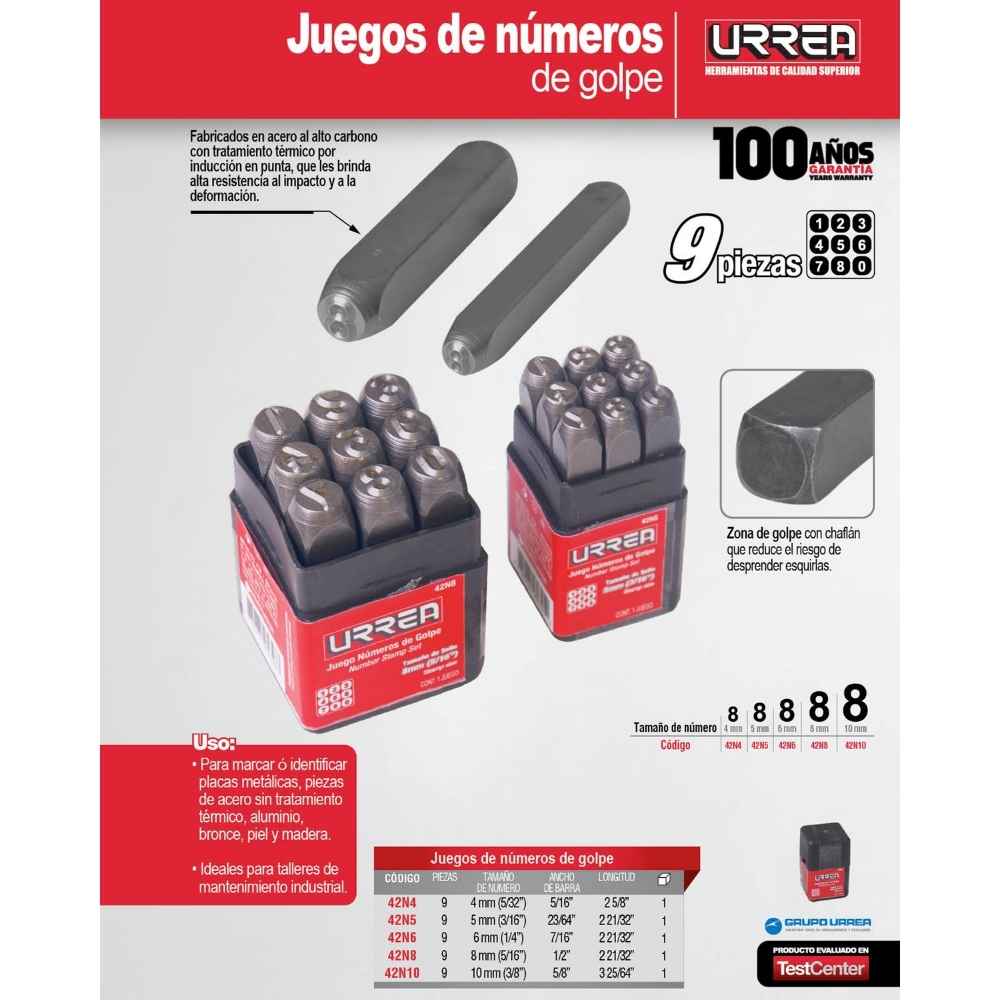 Juego de números del "0" al "9" de golpe 10 mm, 9 piezas Urrea - Imagen 2