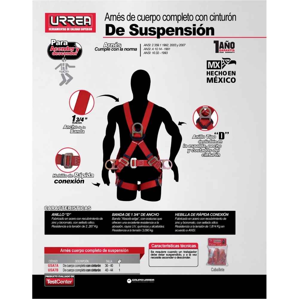 Arnés de seguridad de suspensión con cinturón, talla 36-40 Urrea - Imagen 2
